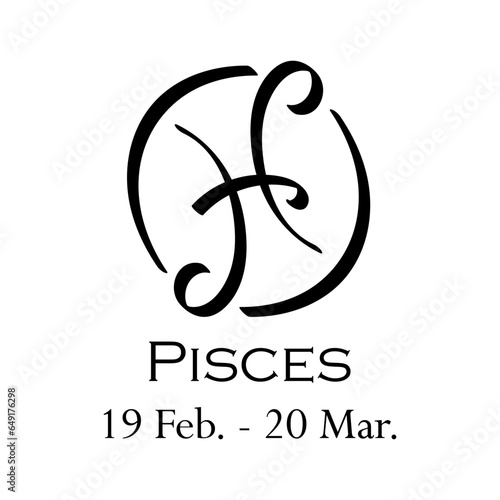 Pisces with name and dates. Horoscope with 12 zodiac signs. From February 19 to March 20. Astrology, fortune telling, constellation, stars, ascendant, pseudoscience, natal chart. Casual style