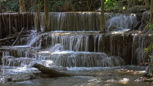 Huai Mae Khamin tropical jungle waterfall in Kanchanaburi province, Thailand, 4k photo