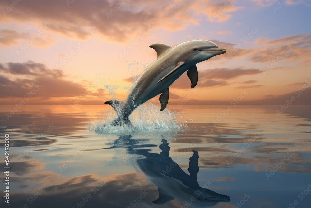 Obraz premium A surrealistic composition of two dolphins leaping out of a mirror-like water surface, their reflections distorting into a fantastic, liquid dance.