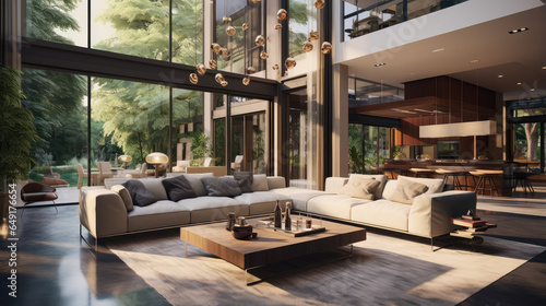 interior of a modern luxury house with high ceilings and large windows