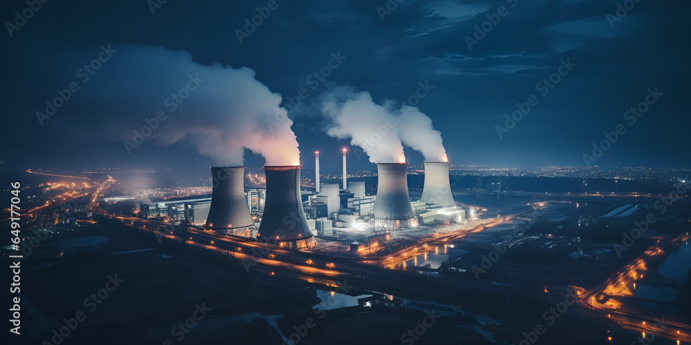 Aerial image of high pipes from a coal power station at dusk showing black smoke rising up and contaminating the sky in night view AI Generative  