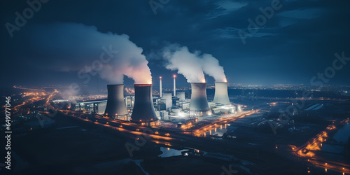 Aerial image of high pipes from a coal power station at dusk showing black smoke rising up and contaminating the sky in night view AI Generative 