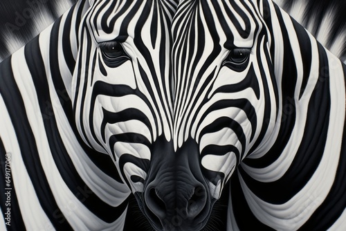 An abstract, surrealist portrait featuring two zebras morphing into one another, their stripes intertwining like a hypnotic optical illusion.