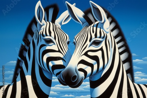 An abstract  surrealist portrait featuring two zebras morphing into one another  their stripes intertwining like a hypnotic optical illusion.