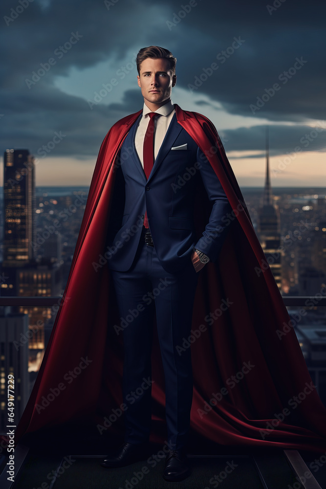 Businessman in suit and cape hero stand at rooftop looking great cityscape view Businessman in suit and cape hero stand at rooftop looking great cityscape view