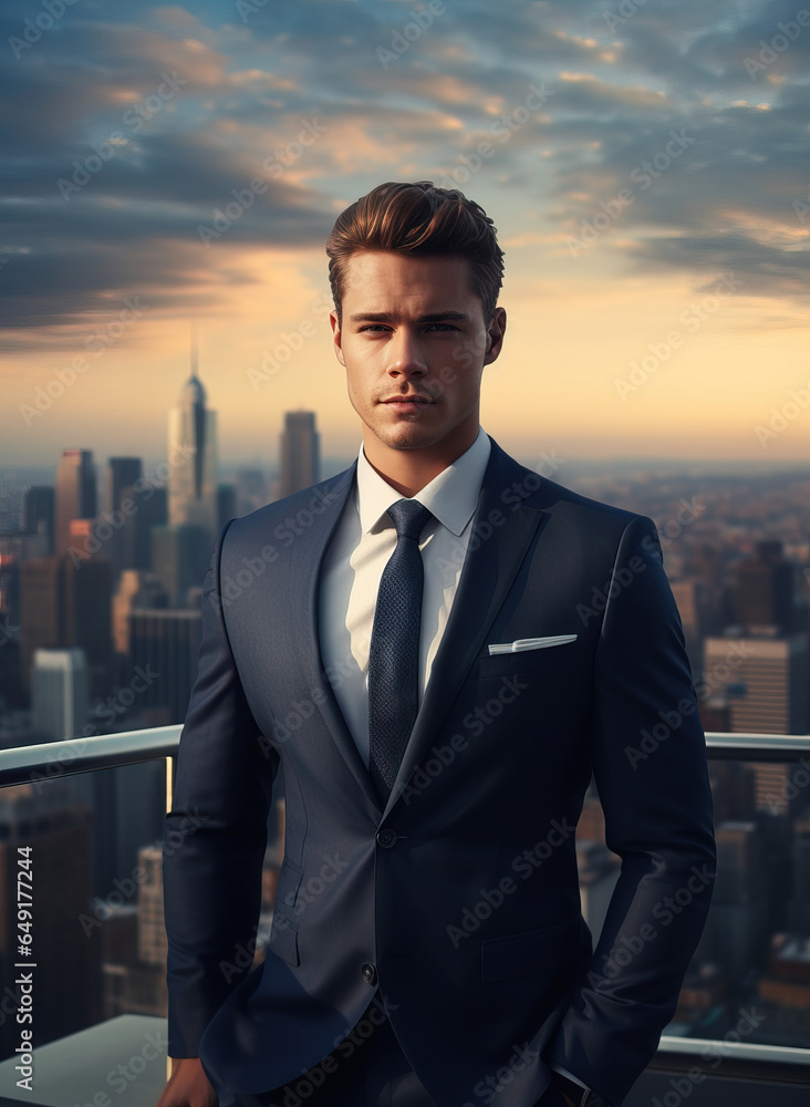 Businessman in suit stand at rooftop looking great cityscape view