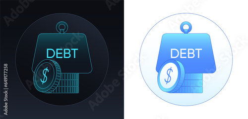 Finance debt, heavy credit burden. Coin pile, money stack with debt load weight. Tax arrears and unpaid money debt, bank credit. Debit indebtedness, mortgage payment arrears. Vector illustration set