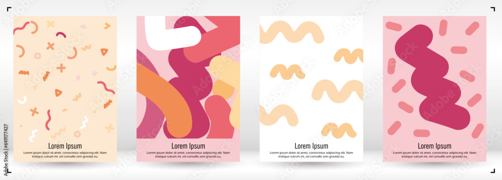 Abstract Minimal Vector Background in Trendy Doodle Style.   Vibrant Graphic Print with Dynamic Lines and Geometric Shapes.  Set of Vivid Poster 80s - 90s Design for Landing Page, Cover, Brochure.
