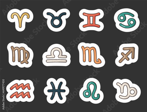 Astrological signs of the zodiac. Sticker Bookmark. Aries, Taurus, Gemini, Cancer, Virgo, Libra, Scorpio, Sagittarius, Aquarius, Pisces, Leo, Capricorn. Vector drawing. Collection of design elements.