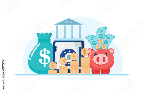 Save money and investment management finance technology. Calculating and analyzing personal or corporate budget, managing financial income. Vector illustration