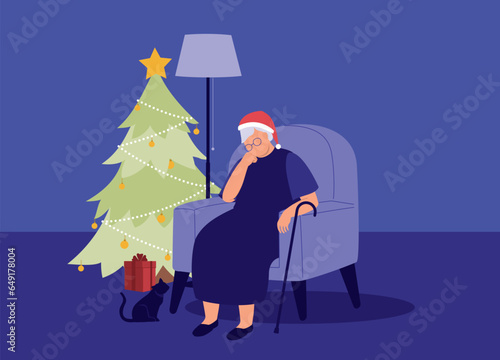 One Lonely Senior Woman With Santa Hat Sitting On Couch Alone At Home During Christmas Season. Full Length. Flat Design.