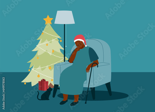 One Lonely Senior Black Woman With Santa Hat Sitting On Couch Alone At Home During Christmas Season. Full Length. Flat Design.