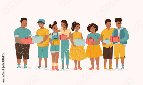 Group Of Smiling Little Black Kids With Different Hair Styles And Body Sizes Exchanging Their Present With Each Other. Full Length.