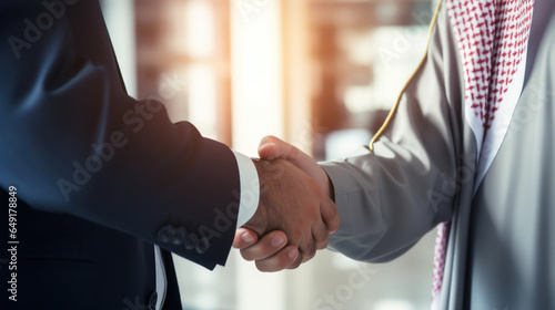 Arabian man in white suit handshake with business man after finishing up meeting, partnership, teamwork, community, connection financial and investment concept.Generative AI