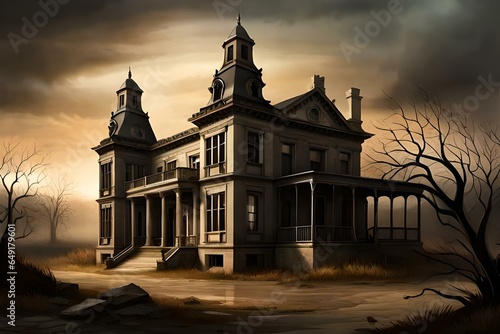 A haunted Halloween mansion standing in eerie solitude amidst a barren landscape, with crumbling walls, broken windows