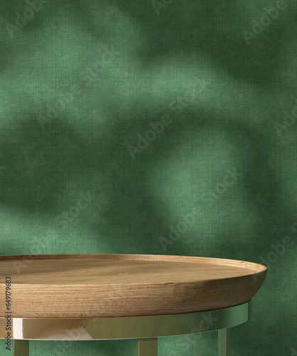 Round wooden table podium tray, gold steel leg in sunlight, leaf shadow on green fabric texture wallpaper wall. Luxury beauty, cosmetic, skincare, body care, food, drink product display background 3D photo