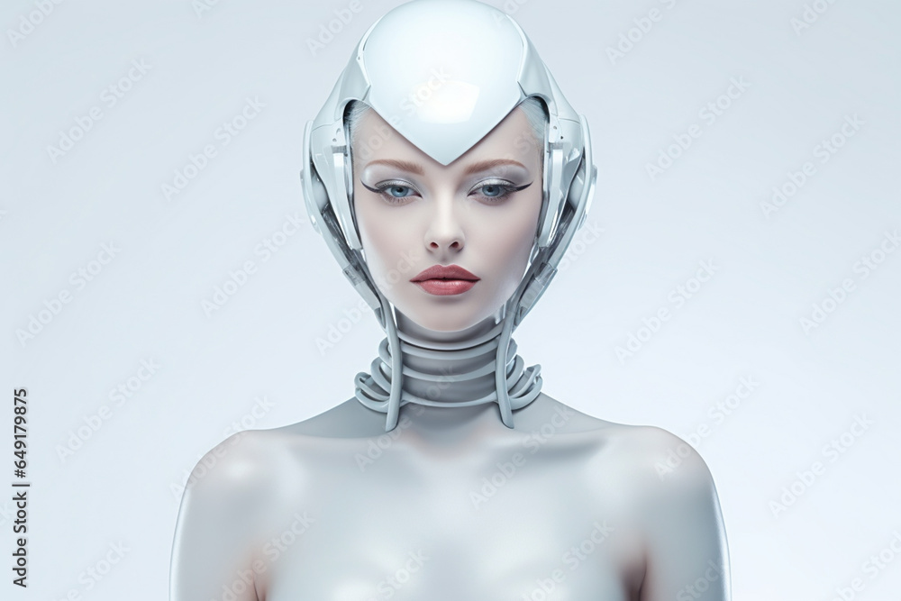 Beautiful futuristic woman in white, on gray background. Generated with AI. Beautiful futuristic woman in white, on gray background. Generated with AI.
