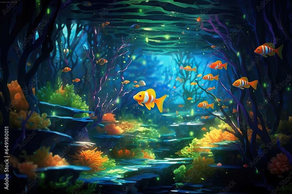 goldfish swimming in the blue water with clear water