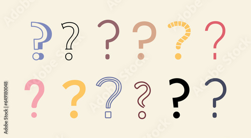 Doodle drawings of question marks and interrogation points hand drawn with colorful contour lines, problem or toruble symbols on background flat vector illustration.