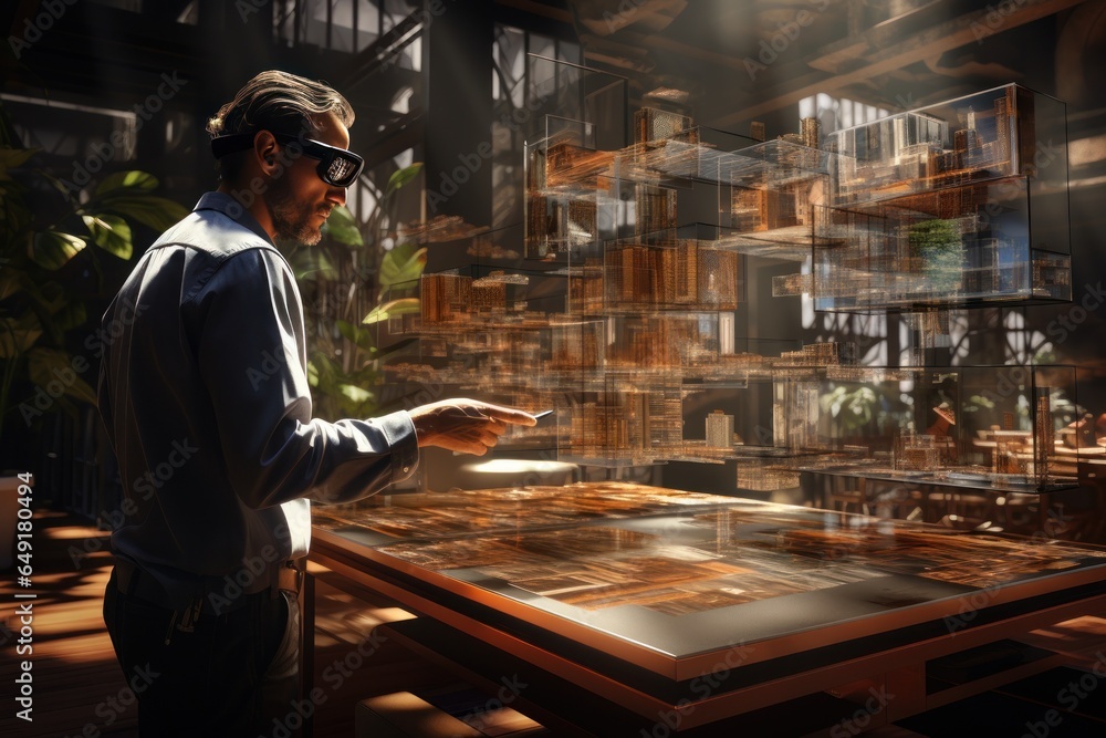 architecture simulator innovation hologram project on table, Generate with Ai architecture simulator innovation hologram project on table, Generate with Ai