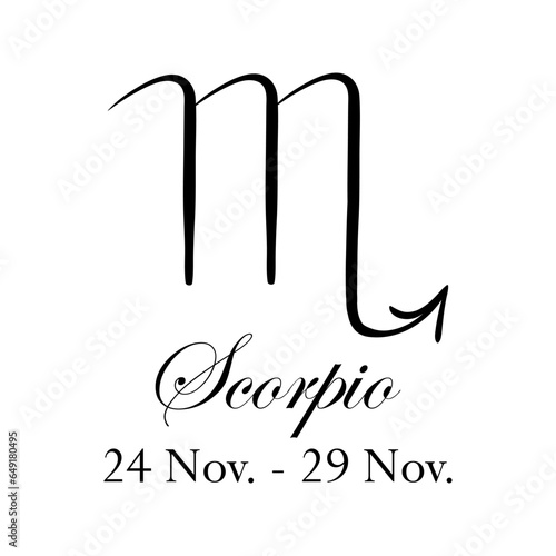 Scorpio with name and dates. New horoscope with 13 zodiac signs. From November 24 to November 29. Astrology, fortune telling, constellation, stars, ascendant. Italic style