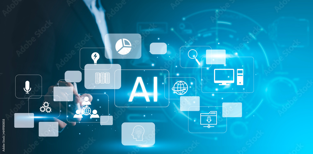 AI Artificial Intelligence. Businessman using AI technology for data analysis, coding computer language with digital brain, machine learning on virtual screen, business intelligence AI Artificial Intelligence. Businessman using AI technology for data analysis, coding computer language with digital brain, machine learning on virtual screen, business intelligence