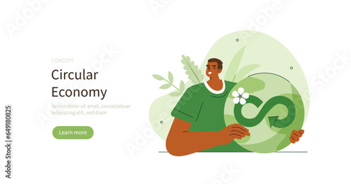 Climate change and sustainability. Character showing benefits of sustainable economic growth with renewable energy and natural resources.  Circular economy concept. Vector illustration.
