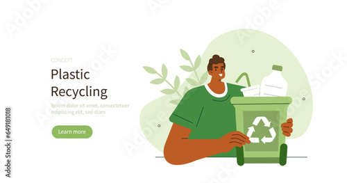 Climate change and sustainability. Character holding garbage bin with plastic trash inside to prevent environmental pollution. Sustainable living concept. Vector illustration.