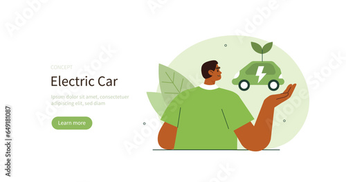 Climate change and sustainability. Character showing benefits of electric car for environmental pollution prevention. Sustainable living concept. Vector illustration.
