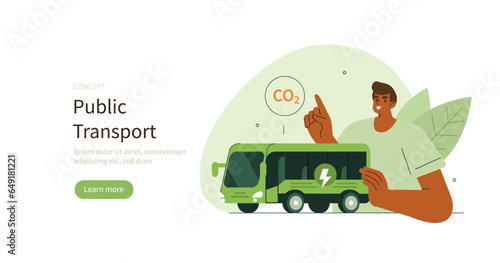 Climate change and sustainability. Character showing benefits of public transport to prevent environmental pollution. Sustainable living concept. Vector illustration.