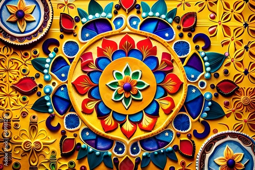 Top View featuring a colorful and elaborate rangoli design, created with vibrant powdered colors, flower petals, and glitter