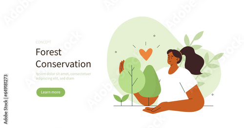 
Climate change and sustainability. Character showing benefits of forest conservation for environmental pollution reduction. Sustainable living concept. Vector illustration.