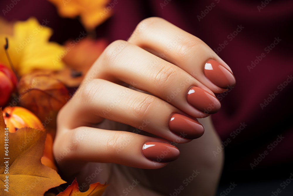 perfect autumn color manicure close up, nail salon ad - obrazy, fototapety, plakaty 