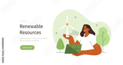 Climate change and sustainability. Character showing benefits of renewable energy resources. Sustainable energy concept. Vector illustration.