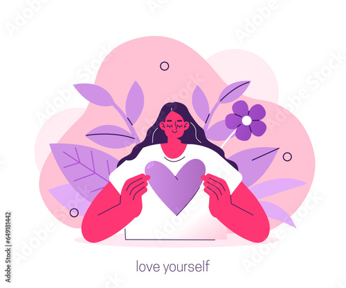 
Love yourself. Character take care of mentality and learn self accepting. Mental health and psychotherapy concept. Vector illustration.
