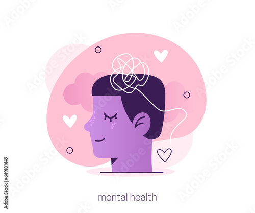
Mentality. Character take care of mentality and learn self accepting. Mental health and psychotherapy concept. Vector illustration.