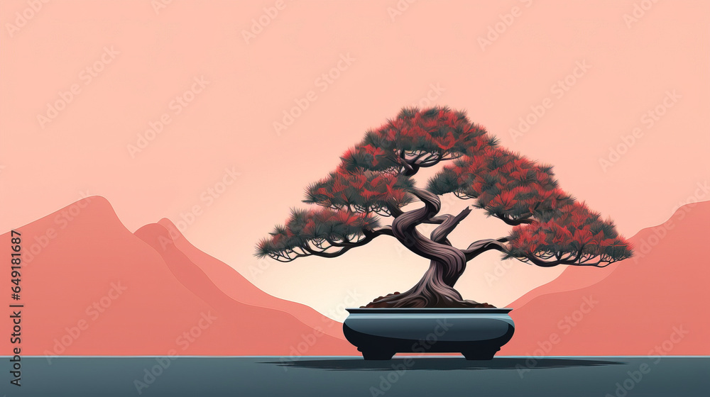 minimalist bonsai, relax, japanese illustration, with copy space minimalist bonsai, relax, japanese illustration, with copy space
