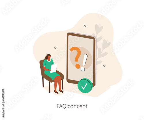 
Frequency asked questions. Character asking for question to online helpdesk service. Feedback and review concept. Vector illustration.
