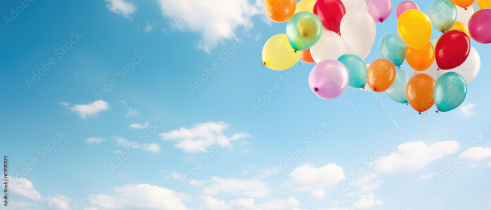 A large bunch of yellow Helium ballons straining on their strings against a sunny sky with white clouds