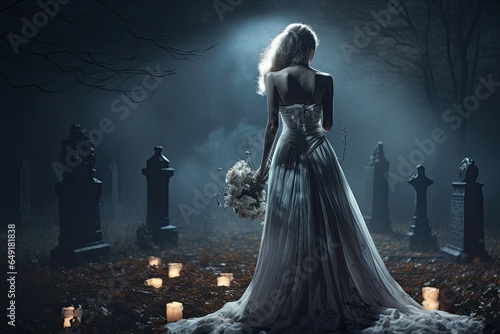 woman in a wedding dress outside in dark fog