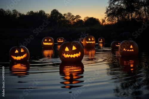 halloween jack-o-.lantern floating in the river