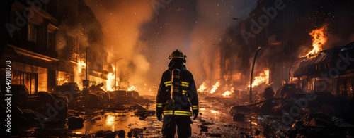 Heldenhafte Feuerwehrleute im Kampf gegen verheerendes Großfeuer – Rettungskräfte löschen brennende Häuser, AI-Generiert photo