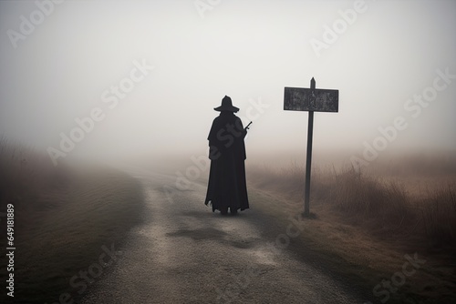 Scary man silhouette walking in the fog