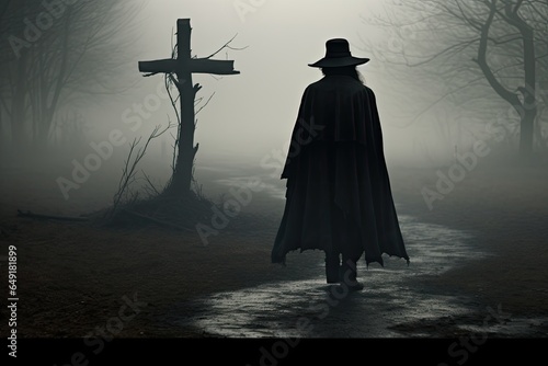 Scary man silhouette walking in the fog