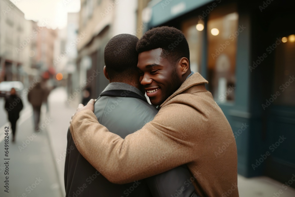 Black homosexual couple hug romance. Generate AI