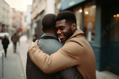 Black homosexual couple hug romance. Generate AI
