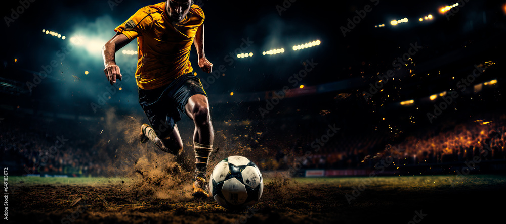 Obraz na płótnie panorama of soccer player kicking towards goal in football stadium at night w salonie