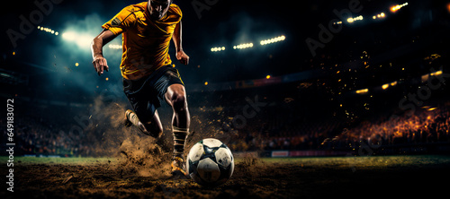 Fotografie, Obraz panorama of soccer player kicking towards goal in football stadium at night