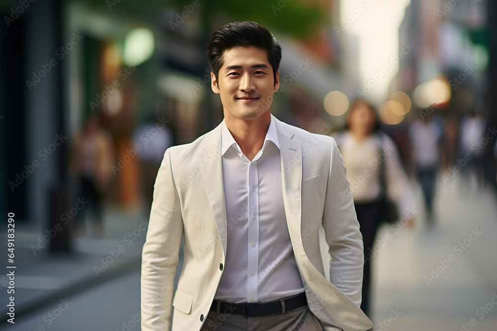 Smiling Young Asian Businessman in White Suit Striding to Office in Busy Cityscape. created with Generative AI Smiling Young Asian Businessman in White Suit Striding to Office in Busy Cityscape. created with Generative AI