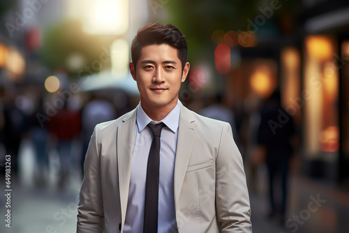 Smiling Young Asian Businessman in White Suit Striding to Office in Busy Cityscape. created with Generative AI © photobuay